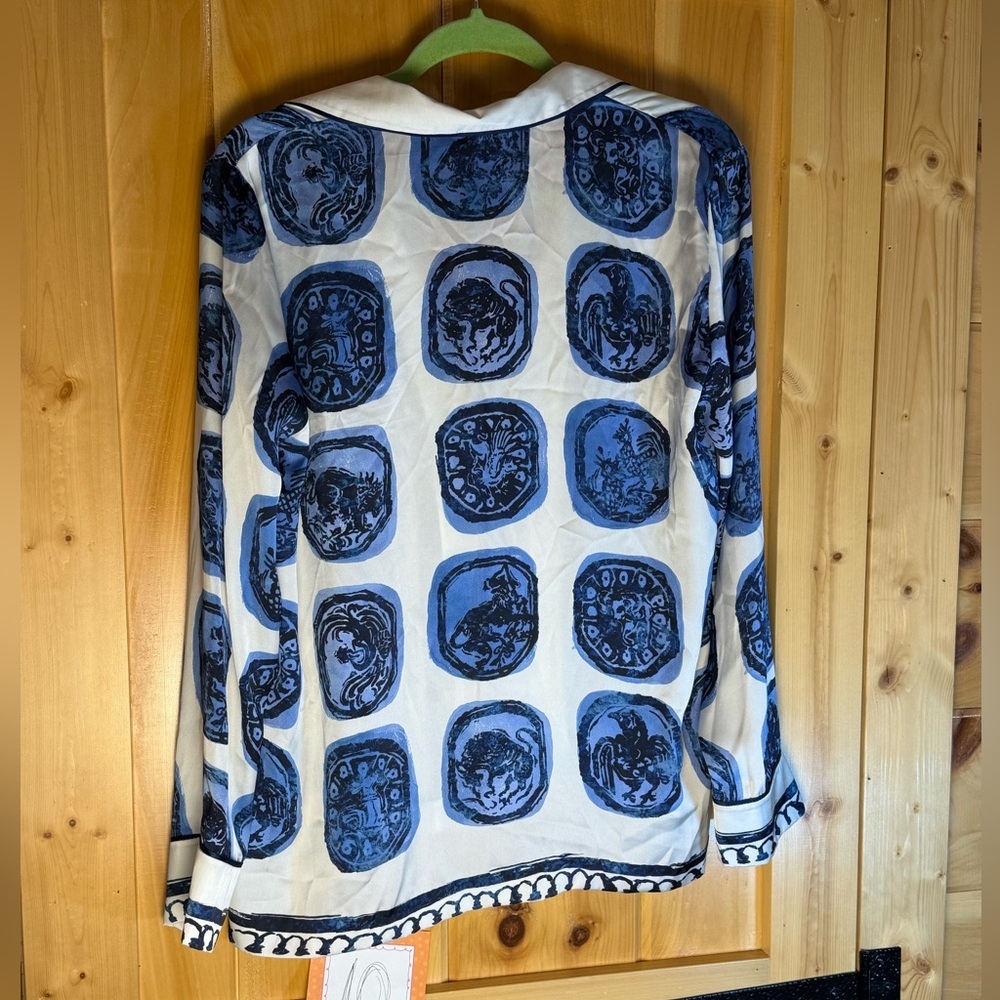 Zara ZW Collection Navy White Printed Button Up Satiny Type Career Blouse Sz M - Picture 5 of 9